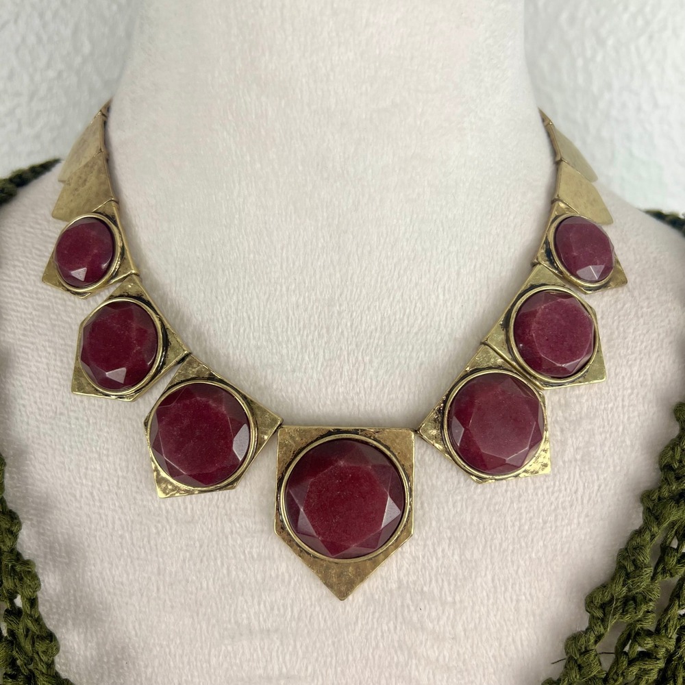 Lucky Brand Gold Tone Burgundy Faceted Stone Geometric Statement Collar Necklace